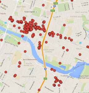 Pinned locations for downtown Austin, 2015.