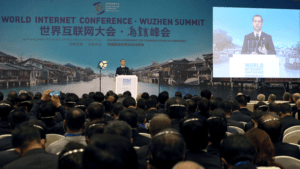 Dmitry Medvedev speaking at the World Internet Conference in Wuzhen, China. Courtesy http://government.ru